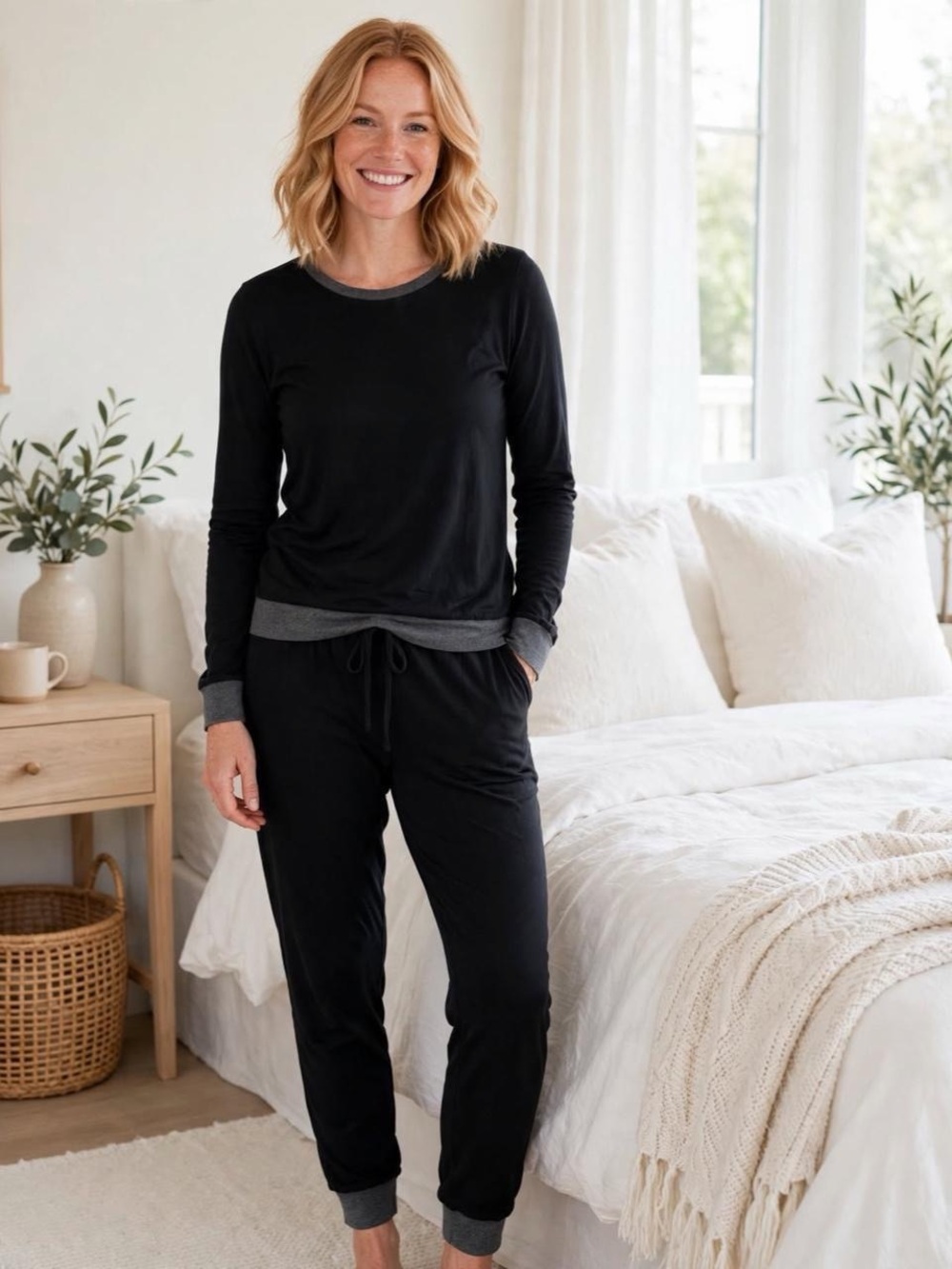NWT Ekouaer Black Pajama Set Size Small Soft Long Sleeve Sleepwear